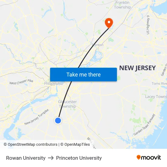 Rowan University to Princeton University map