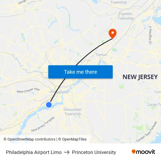Philadelphia Airport Limo to Princeton University map