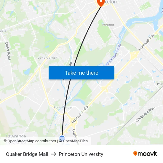 Quaker Bridge Mall to Princeton University map