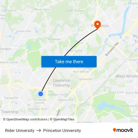 Rider University to Princeton University map