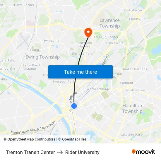 Trenton Transit Center to Rider University map