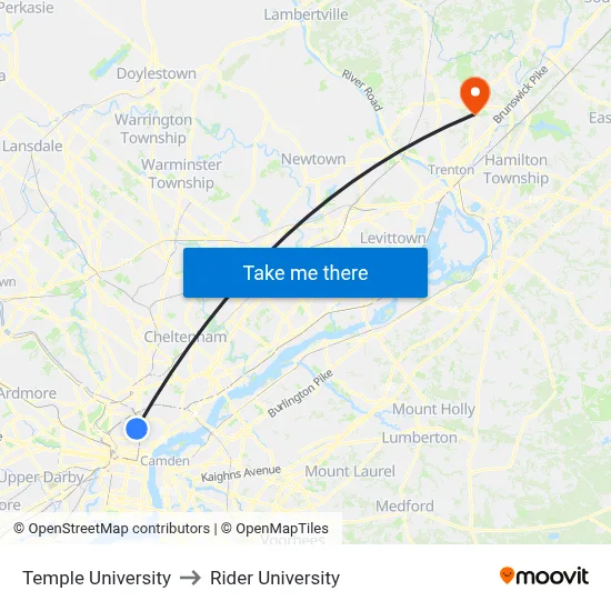 Temple University to Rider University map