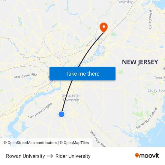 Rowan University to Rider University map