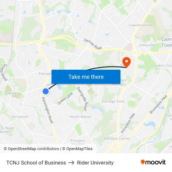 TCNJ School of Business to Rider University map