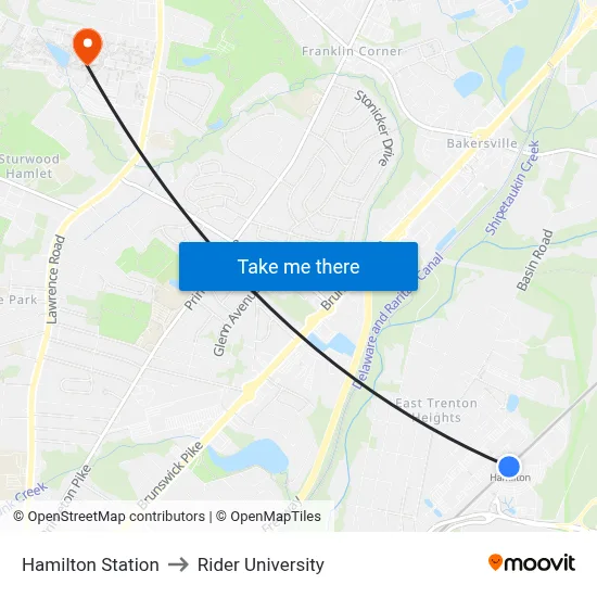 Hamilton Station to Rider University map