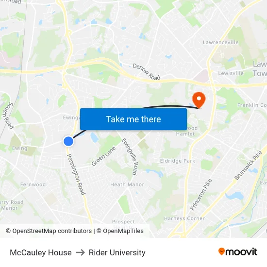McCauley House to Rider University map