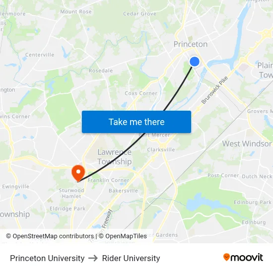 Princeton University to Rider University map