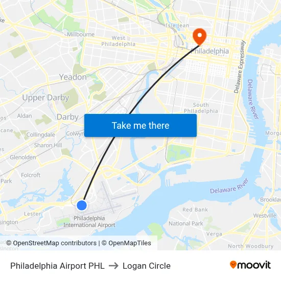 Philadelphia Airport PHL to Logan Circle map