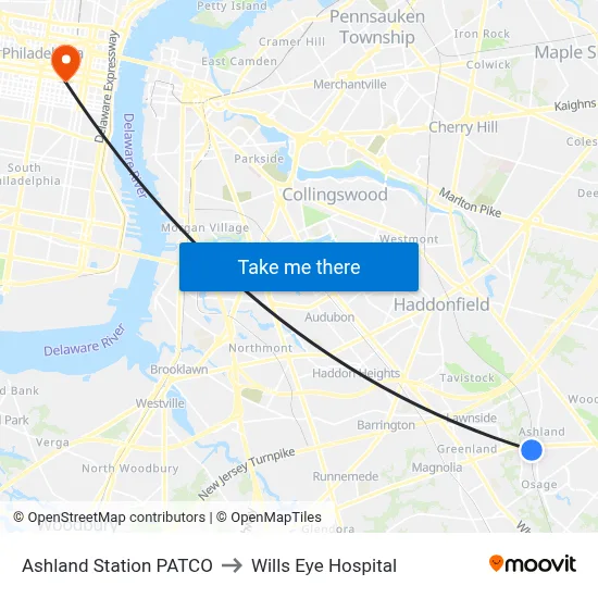 Ashland Station PATCO to Wills Eye Hospital map