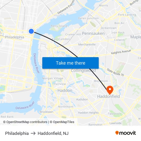 Philadelphia to Haddonfield, NJ map