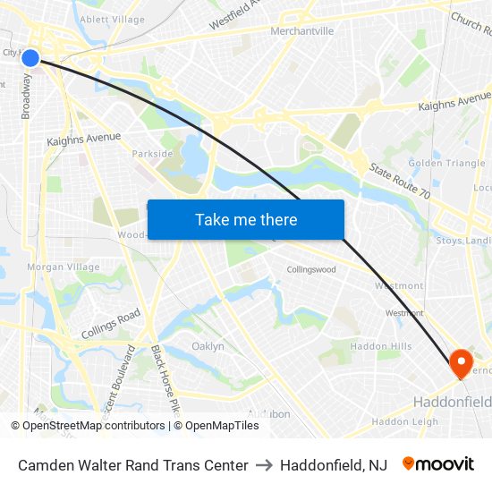Camden Walter Rand Trans Center to Haddonfield, NJ map