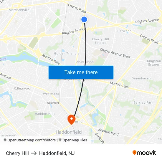 Cherry Hill to Haddonfield, NJ map