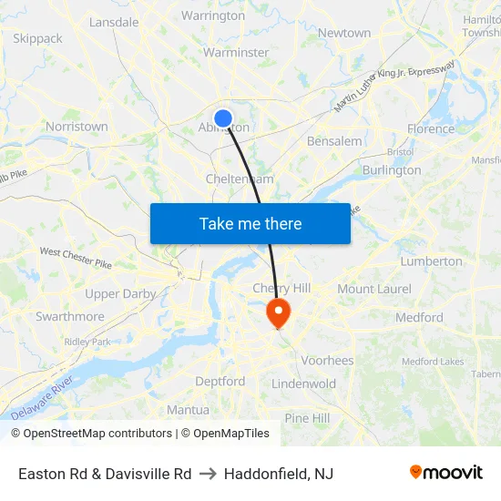 Easton Rd & Davisville Rd to Haddonfield, NJ map