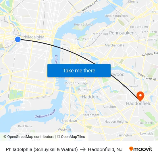 Philadelphia (Schuylkill & Walnut) to Haddonfield, NJ map