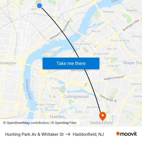 Hunting Park Av & Whitaker St to Haddonfield, NJ map