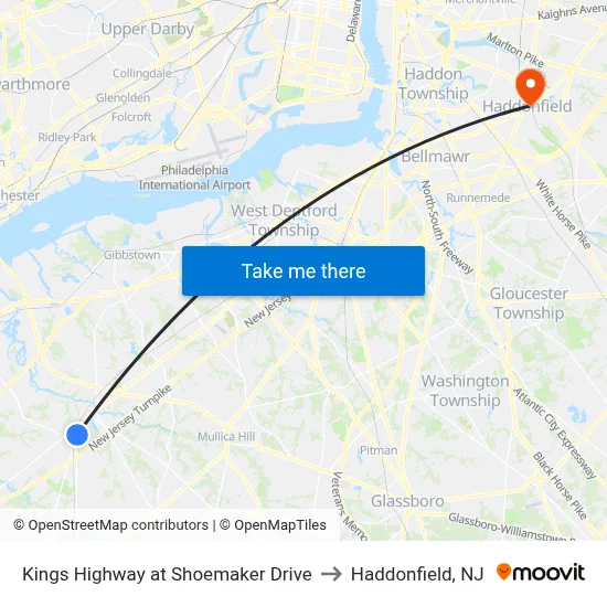 Kings Highway at Shoemaker Drive to Haddonfield, NJ map