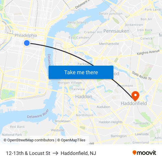 12-13th & Locust St to Haddonfield, NJ map