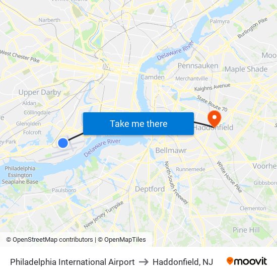 Philadelphia International Airport to Haddonfield, NJ map