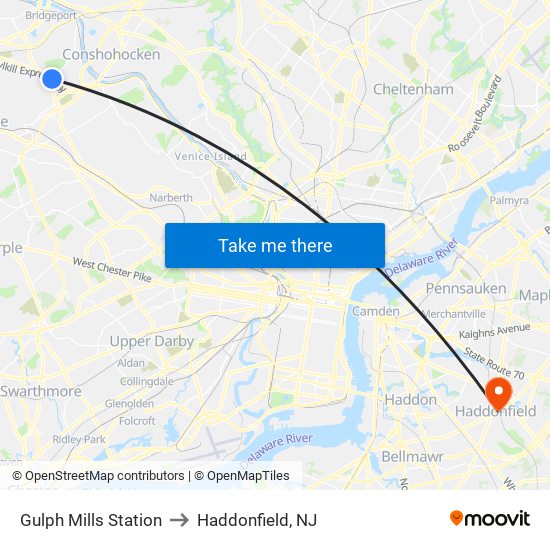 Gulph Mills Station to Haddonfield, NJ map