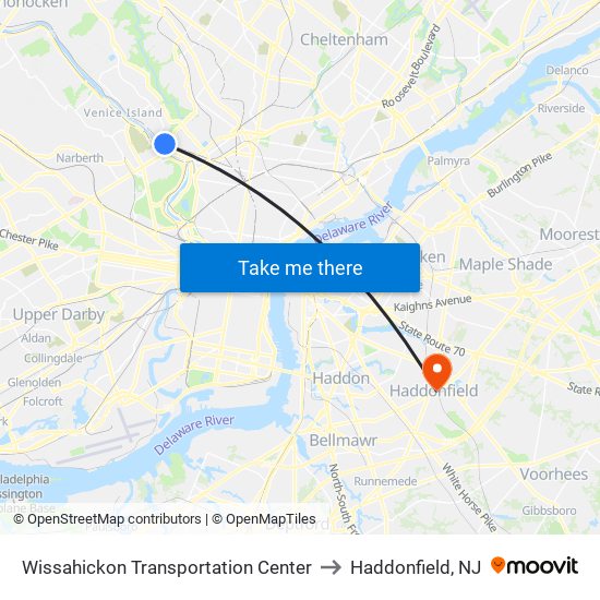 Wissahickon Transportation Center to Haddonfield, NJ map