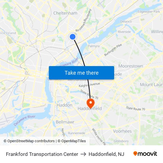 Frankford Transportation Center to Haddonfield, NJ map