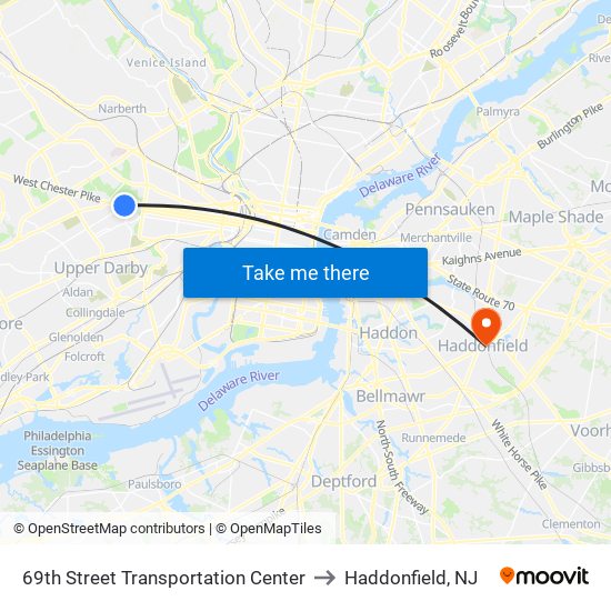 69th Street Transportation Center to Haddonfield, NJ map