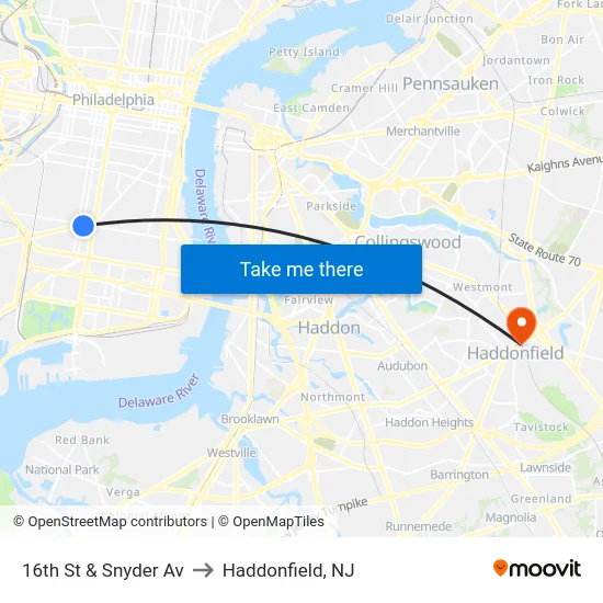 16th St & Snyder Av to Haddonfield, NJ map