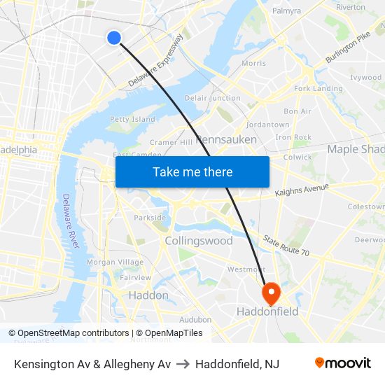 Kensington Av & Allegheny Av to Haddonfield, NJ map