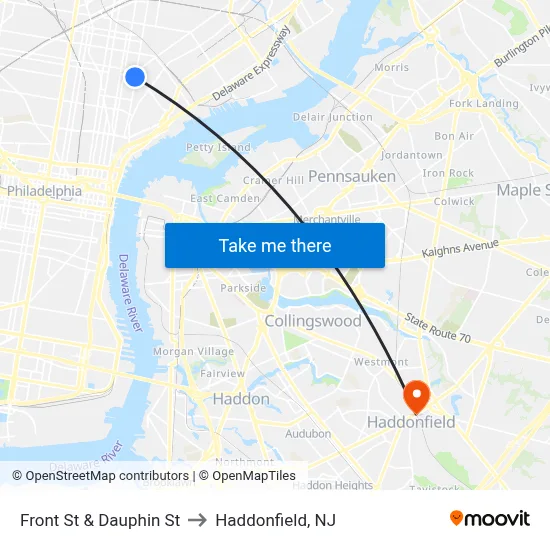 Front St & Dauphin St to Haddonfield, NJ map