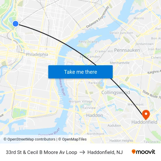 33rd St & Cecil B Moore Av Loop to Haddonfield, NJ map