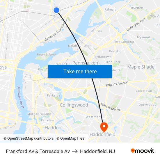 Frankford Av & Torresdale Av to Haddonfield, NJ map