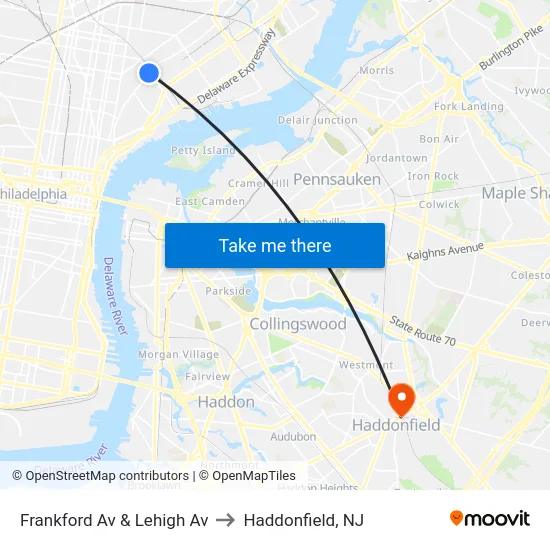Frankford Av & Lehigh Av to Haddonfield, NJ map