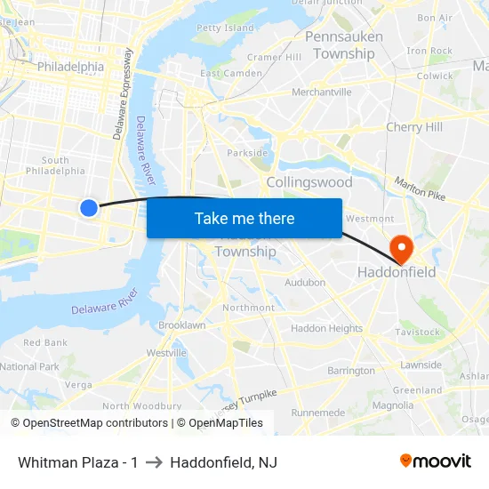 Whitman Plaza - 1 to Haddonfield, NJ map