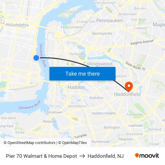 Pier 70 Walmart & Home Depot to Haddonfield, NJ map