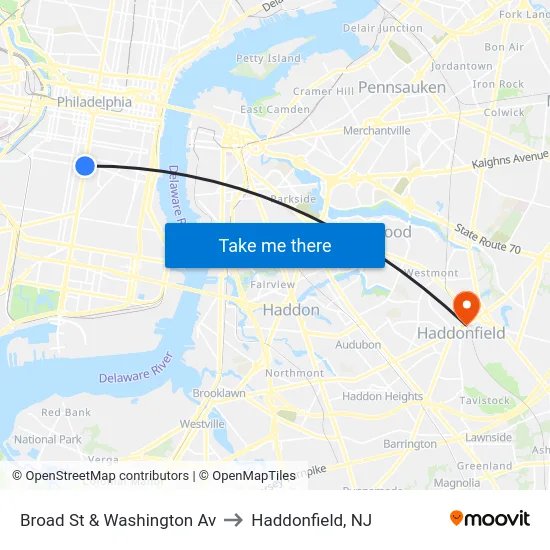 Broad St & Washington Av to Haddonfield, NJ map