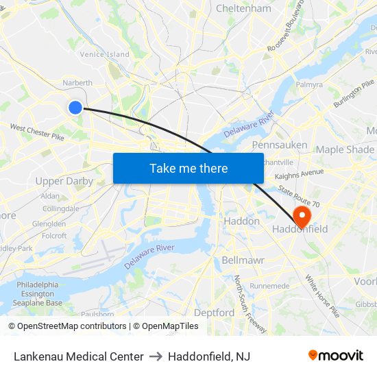 Lankenau Medical Center to Haddonfield, NJ map