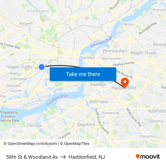 58th St & Woodland Av to Haddonfield, NJ map