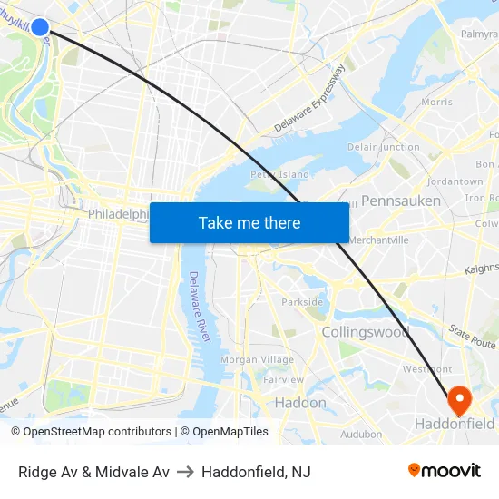 Ridge Av & Midvale Av to Haddonfield, NJ map