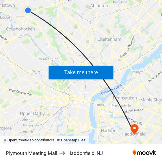 Plymouth Meeting Mall to Haddonfield, NJ map