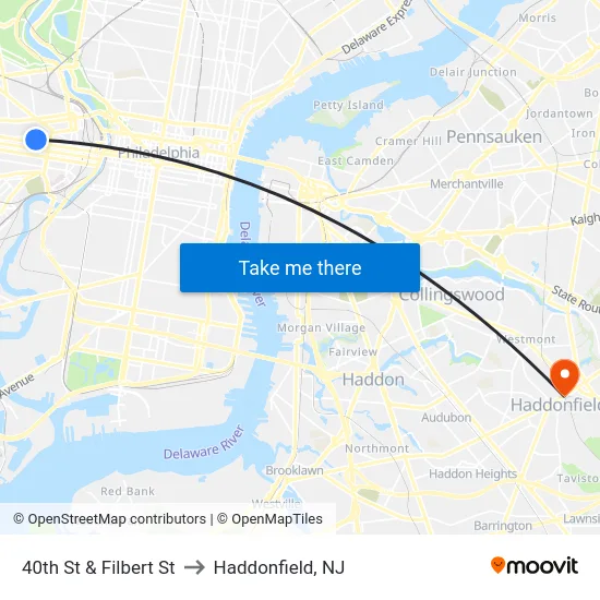 40th St & Filbert St to Haddonfield, NJ map