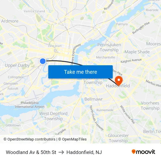 Woodland Av & 50th St to Haddonfield, NJ map