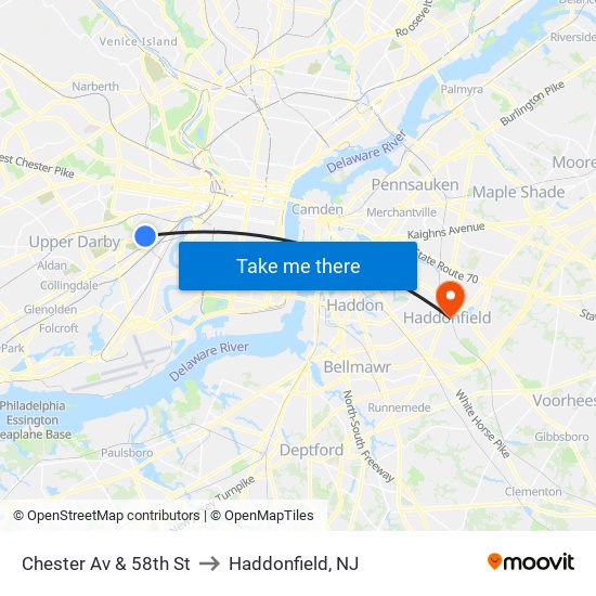 Chester Av & 58th St to Haddonfield, NJ map