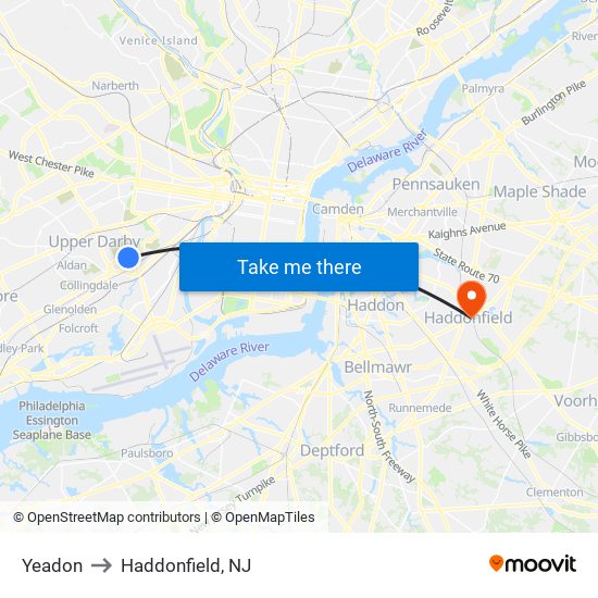 Yeadon to Haddonfield, NJ map