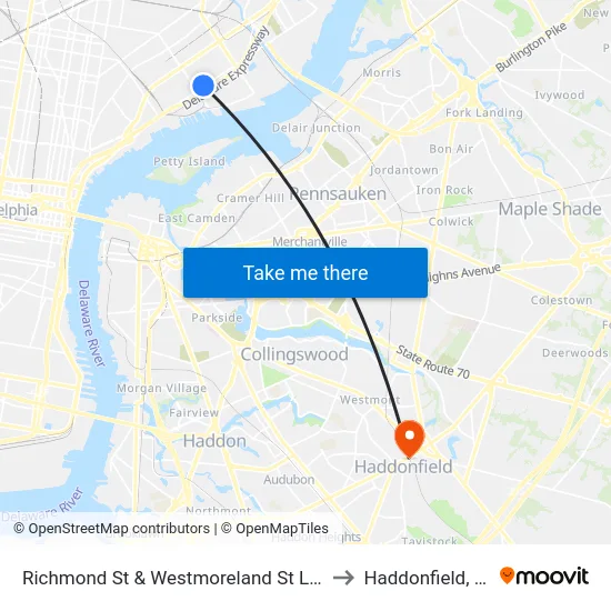 Richmond St & Westmoreland St Loop to Haddonfield, NJ map