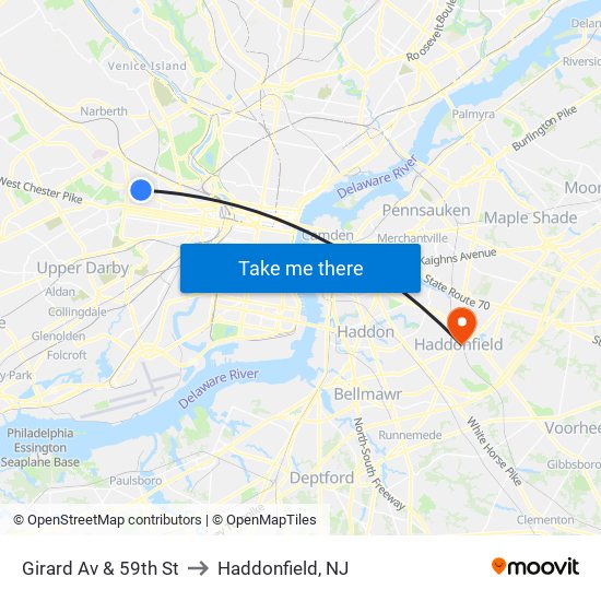 Girard Av & 59th St to Haddonfield, NJ map