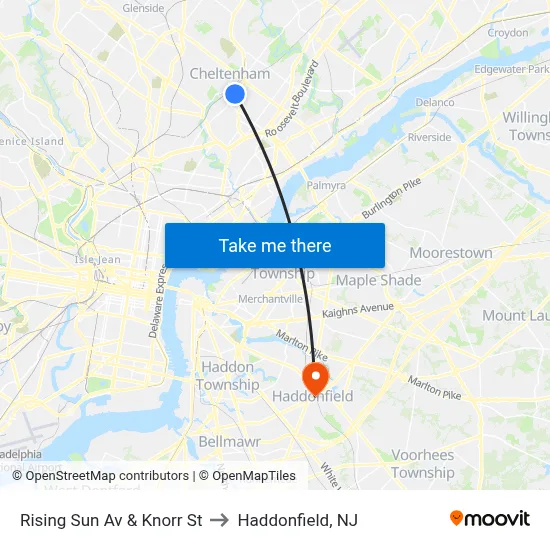Rising Sun Av & Knorr St to Haddonfield, NJ map