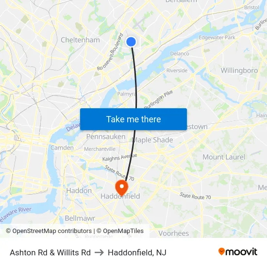 Ashton Rd & Willits Rd to Haddonfield, NJ map
