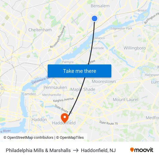 Philadelphia Mills & Marshalls to Haddonfield, NJ map