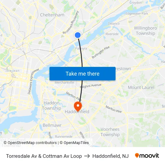 Torresdale Av & Cottman Av Loop to Haddonfield, NJ map