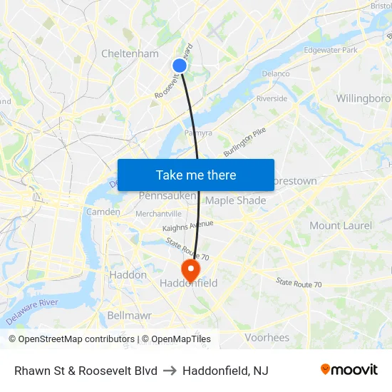 Rhawn St & Roosevelt Blvd to Haddonfield, NJ map